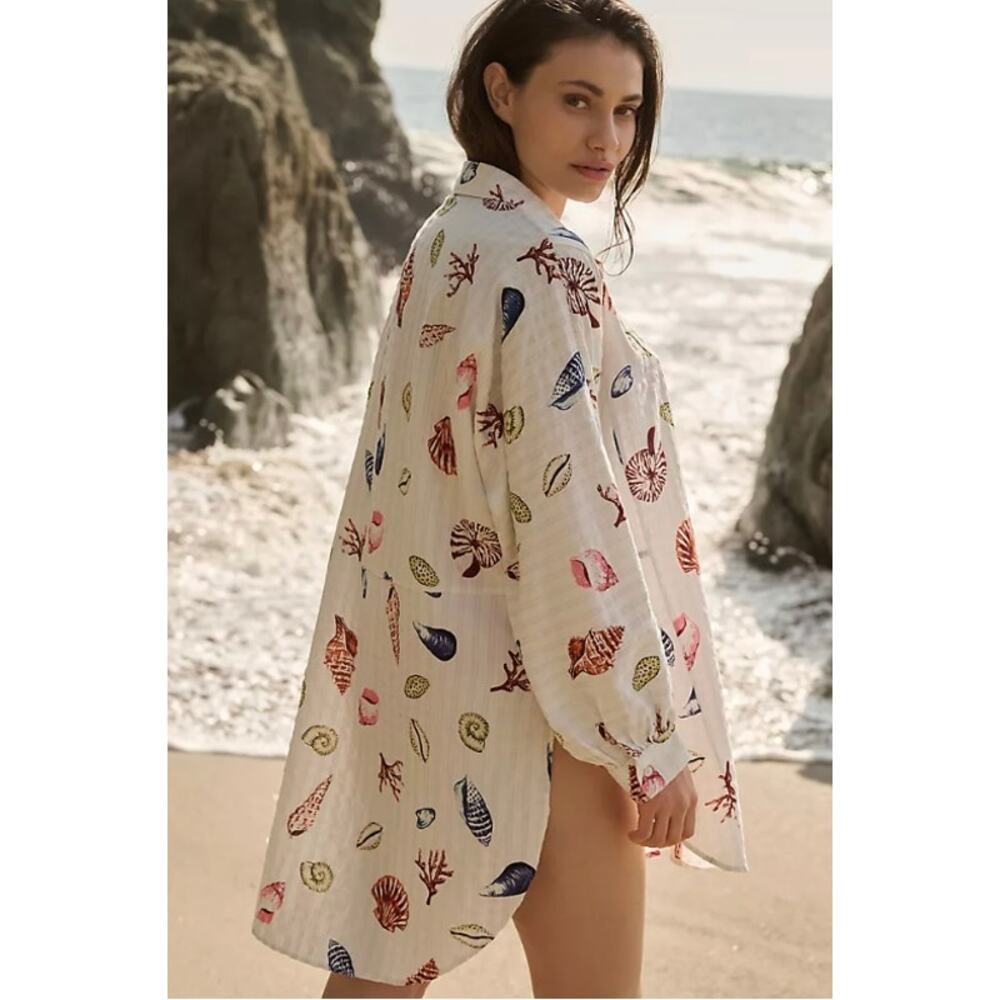 By Anthropologie Long-Sleeve Printed Shirt Shell & Coral Print  XXS